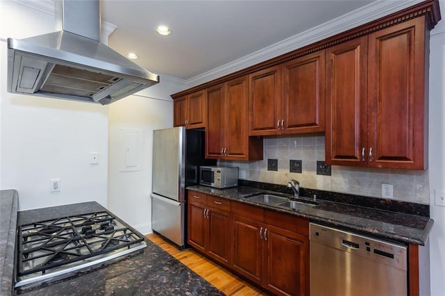 kitchen featuring a sink, light wood finished floors, appliances with stainless steel finishes, island range hood, and decorative backsplash