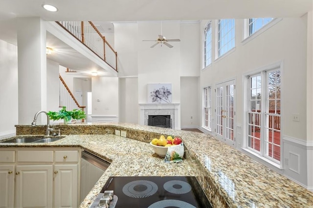 kitchen featuring sink, plenty of natural light, a premium fireplace, and white cabinets