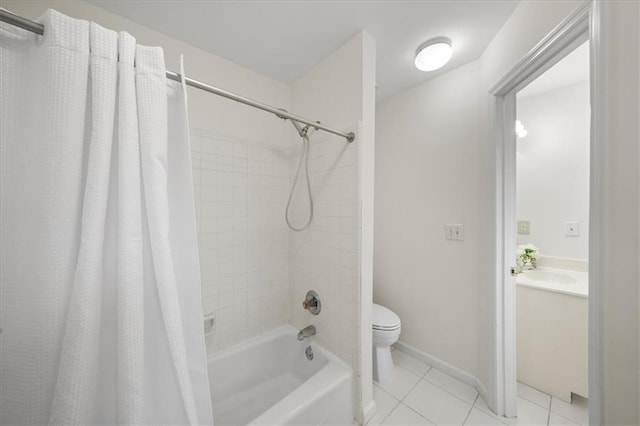 full bathroom with tile patterned flooring, vanity, shower / tub combo with curtain, and toilet