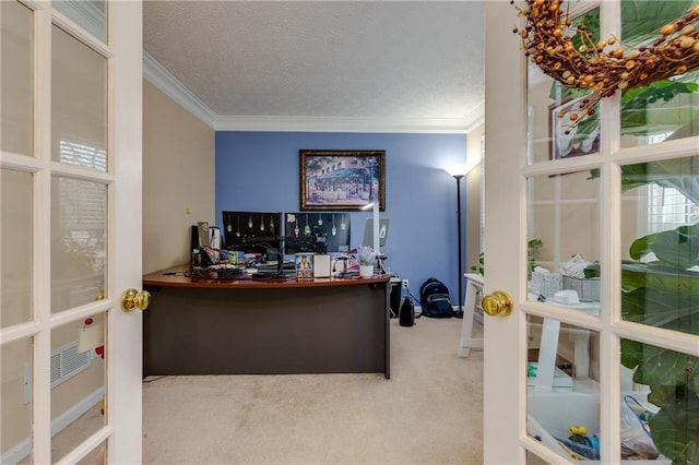 office space with crown molding, carpet floors, and a textured ceiling