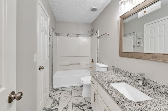 7262 Sandpiper Way, Riverdale, GA 30274 - full bathroom featuring marble finish floors, vanity, toilet, shower / bathtub combination, and a textured ceiling