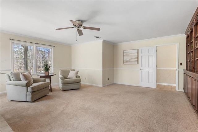 living area with crown molding, visible vents, and light carpet