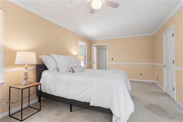 bedroom with visible vents, baseboards, ceiling fan, ornamental molding, and light colored carpet