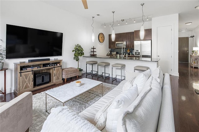 living room with track lighting and dark hardwood / wood-style floors