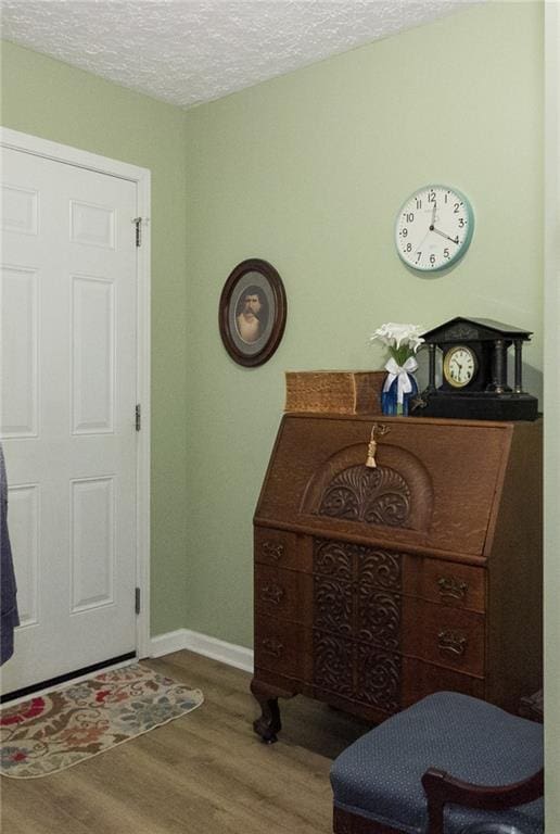 entryway with hardwood / wood-style flooring and a textured ceiling