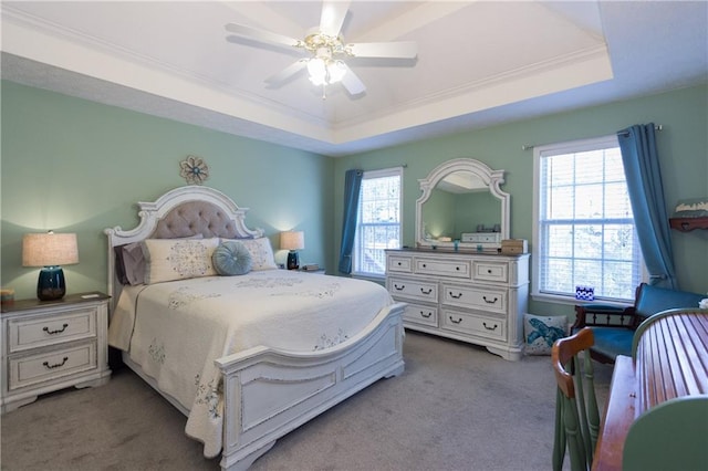 carpeted bedroom featuring ceiling fan, ornamental molding, and a raised ceiling