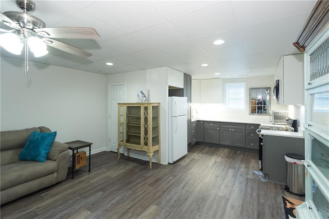 kitchen featuring appliances with stainless steel finishes, sink, dark hardwood / wood-style floors, ceiling fan, and gray cabinetry