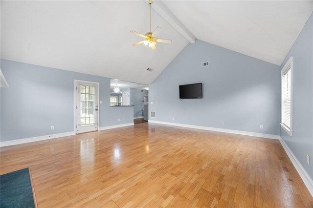 unfurnished living room with beam ceiling, light wood-style floors, high vaulted ceiling, a ceiling fan, and visible vents