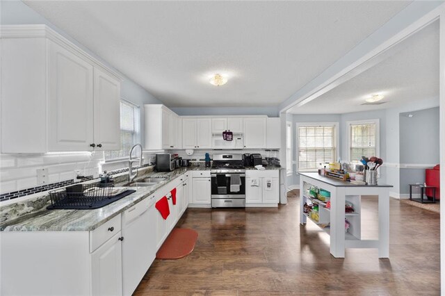 kitchen featuring stainless steel gas range, plenty of natural light, white microwave, and a sink