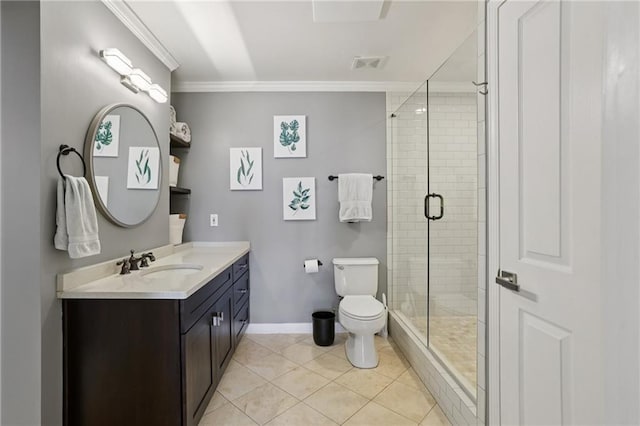 1101 Juniper St NE Unit 1012, Atlanta, GA 30309 - bathroom with vanity, ornamental molding, a shower stall, toilet, and baseboards