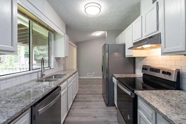 1353 Litchfield Ct, Snellville, GA 30078 - kitchen with appliances with stainless steel finishes, under cabinet range hood, a sink, light wood-style flooring, and baseboards