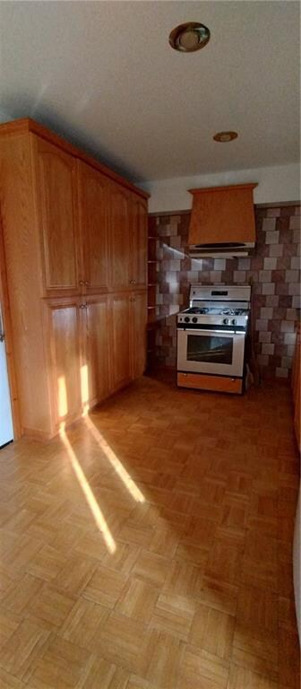 kitchen featuring stainless steel gas stove, light parquet floors, and range hood