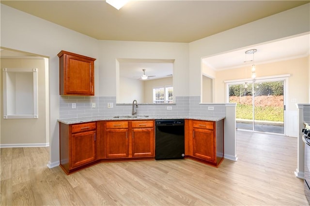 kitchen with a sink, tasteful backsplash, light wood-style floors, and dishwasher