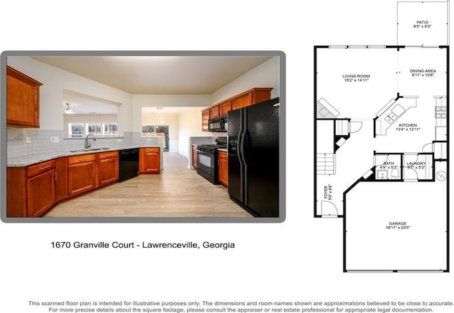 kitchen featuring brown cabinets, black appliances, a sink, backsplash, and light wood-style floors