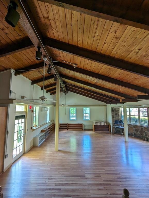 395 Russell Dr SW, Smyrna, GA 30082 - unfurnished living room with wooden ceiling, wood finished floors, and a ceiling fan
