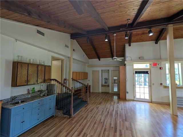 395 Russell Dr SW, Smyrna, GA 30082 - kitchen with a sink, a ceiling fan, wooden ceiling with exposed beams, light wood-style floors, and rail lighting