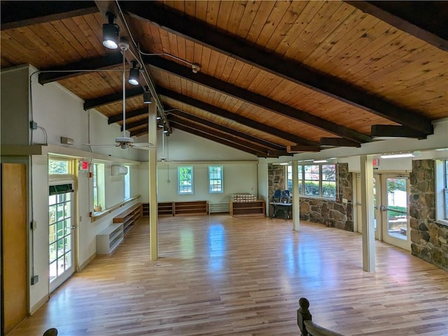 395 Russell Dr SW, Smyrna, GA 30082 - exercise room featuring wood ceiling, light wood-style floors, high vaulted ceiling, healthy amount of natural light, and ceiling fan