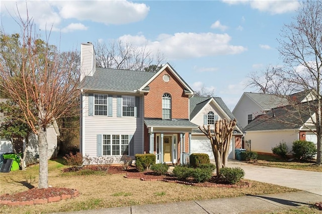 traditional-style home featuring a garage, brick siding, a shingled roof, driveway, and a chimney