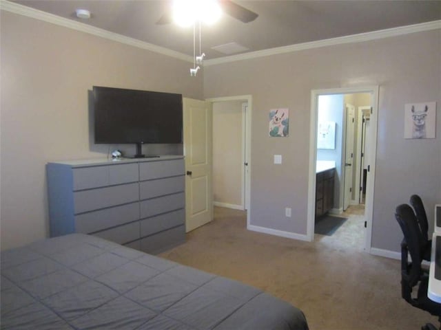 bedroom featuring crown molding, light colored carpet, baseboards, and ceiling fan