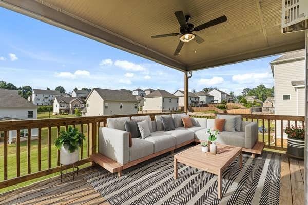 1494 Weeping Tree Cir, Auburn, GA 30548 - deck featuring a residential view, an outdoor hangout area, ceiling fan, and a lawn