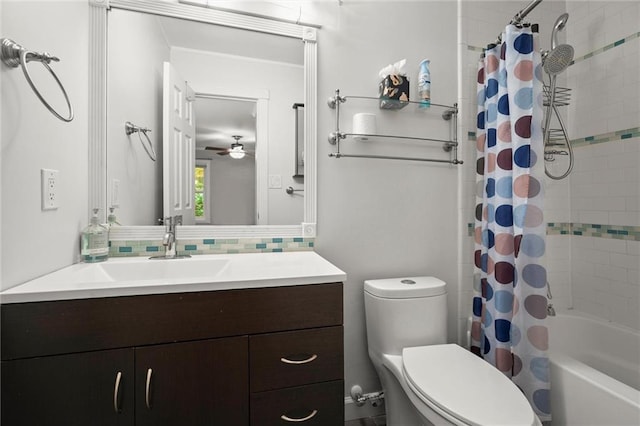 1384 N Crossing Dr NE, Atlanta, GA 30329 - full bathroom with vanity, shower / bath combination with curtain, a ceiling fan, and tasteful backsplash
