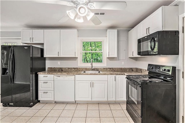 725 Bearmeat Spur, Hiawassee, GA 30546 - kitchen featuring white cabinets, a ceiling fan, a sink, and black appliances
