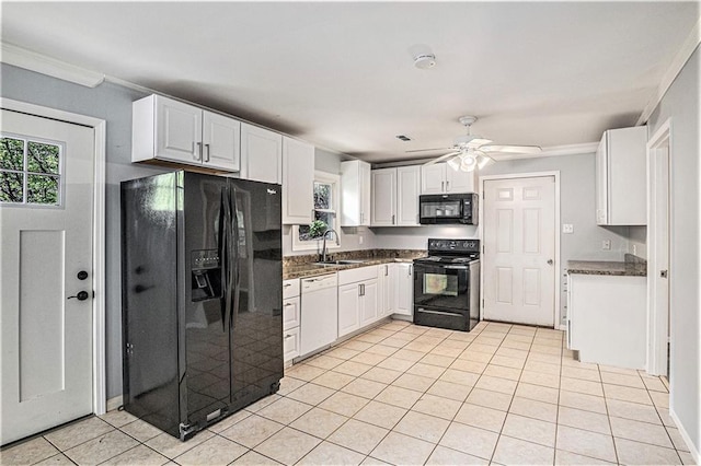 725 Bearmeat Spur, Hiawassee, GA 30546 - kitchen with ceiling fan, a sink, light tile patterned floors, white cabinets, and black appliances