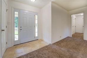 carpeted foyer entrance featuring baseboards