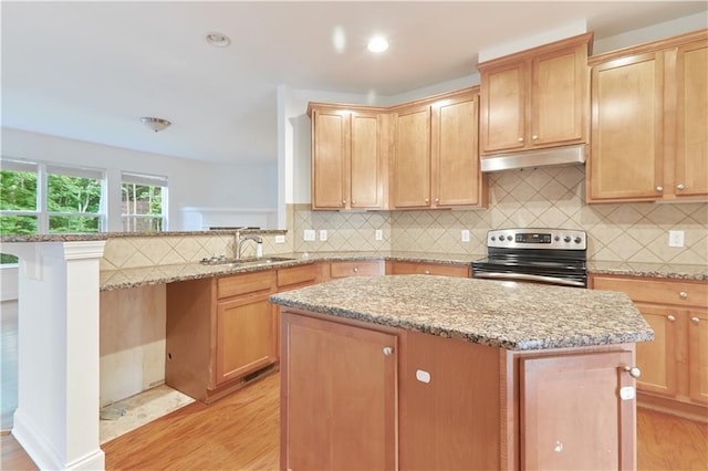 kitchen featuring decorative backsplash, stainless steel electric range oven, light hardwood / wood-style flooring, and sink