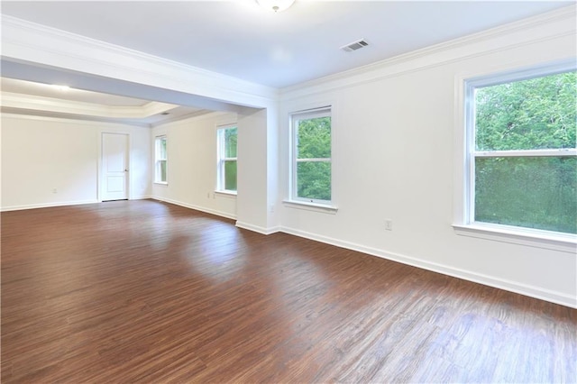 spare room featuring a healthy amount of sunlight, dark hardwood / wood-style flooring, and crown molding