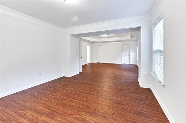 interior space featuring a raised ceiling, dark hardwood / wood-style flooring, and ornamental molding