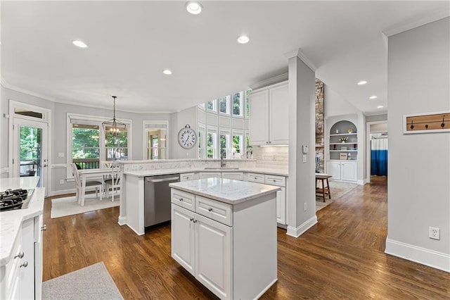 3560 Greenside Ct, Dacula, GA 30019 - kitchen featuring dishwasher, white cabinetry, dark wood finished floors, ornamental molding, and a peninsula