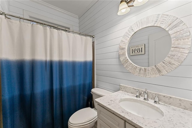 3560 Greenside Ct, Dacula, GA 30019 - full bathroom with vanity, crown molding, wooden walls, and curtained shower