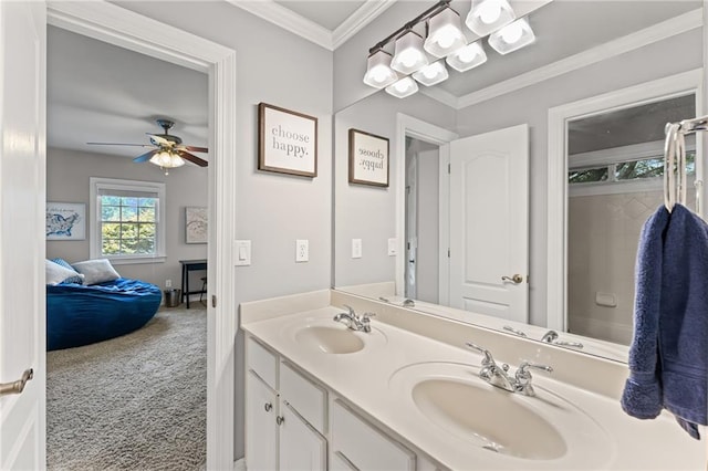 3560 Greenside Ct, Dacula, GA 30019 - bathroom featuring ensuite bath, double vanity, and a ceiling fan