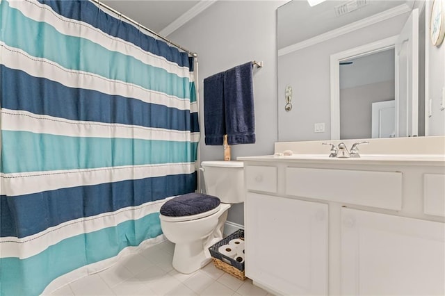 3560 Greenside Ct, Dacula, GA 30019 - full bath with crown molding, vanity, tile patterned flooring, and curtained shower