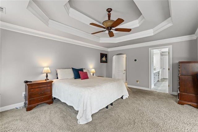 3560 Greenside Ct, Dacula, GA 30019 - bedroom with a tray ceiling, ornamental molding, carpet floors, arched walkways, and ceiling fan
