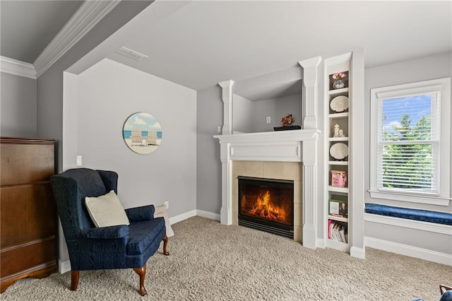 3560 Greenside Ct, Dacula, GA 30019 - sitting room with carpet floors, a tile fireplace, and ornamental molding