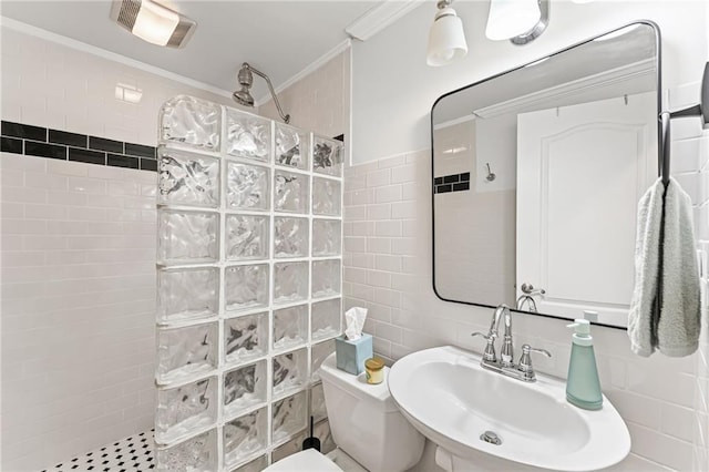 3560 Greenside Ct, Dacula, GA 30019 - full bathroom with tile walls, a walk in shower, and ornamental molding