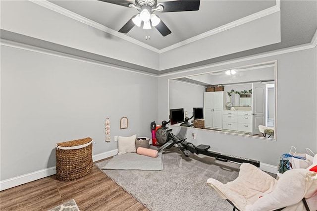 3560 Greenside Ct, Dacula, GA 30019 - exercise area with wood finished floors, crown molding, and a ceiling fan