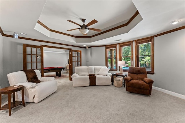 3560 Greenside Ct, Dacula, GA 30019 - living room with crown molding, a raised ceiling, billiards table, french doors, and ceiling fan