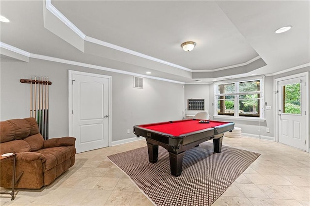 3560 Greenside Ct, Dacula, GA 30019 - recreation room featuring a tray ceiling, pool table, ornamental molding, and recessed lighting