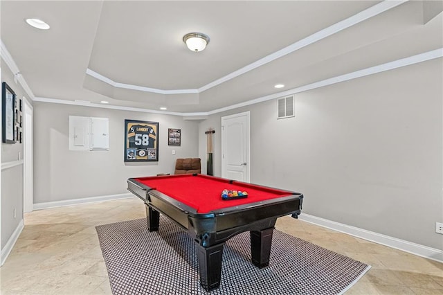 3560 Greenside Ct, Dacula, GA 30019 - playroom featuring stone tile floors, a tray ceiling, ornamental molding, recessed lighting, and billiards table