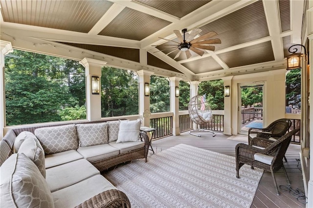 3560 Greenside Ct, Dacula, GA 30019 - sunroom with an outdoor hangout area, a ceiling fan, hardwood / wood-style floors, a deck, and coffered ceiling
