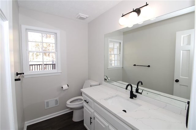 bathroom with vanity, hardwood / wood-style floors, and toilet