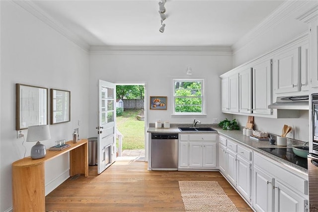 343 Josephine St NE, Atlanta, GA 30307 - kitchen with stainless steel dishwasher, white cabinets, under cabinet range hood, light wood-style flooring, and ornamental molding