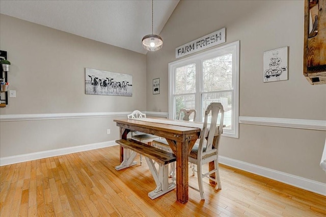 dining room with hardwood / wood-style flooring and lofted ceiling