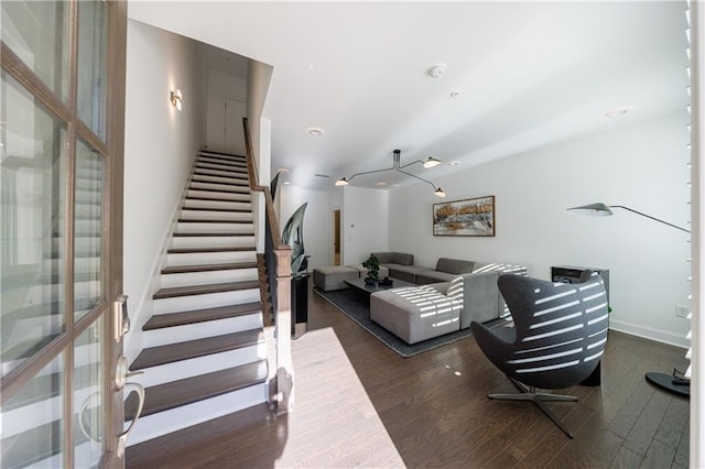 living room with dark wood-type flooring