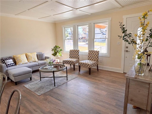 living room with ornamental molding, coffered ceiling, and dark hardwood / wood-style flooring