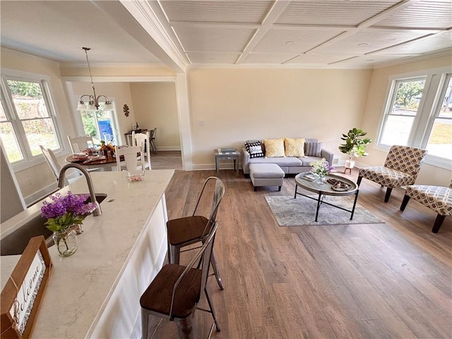 dining space with an inviting chandelier, ornamental molding, and wood-type flooring