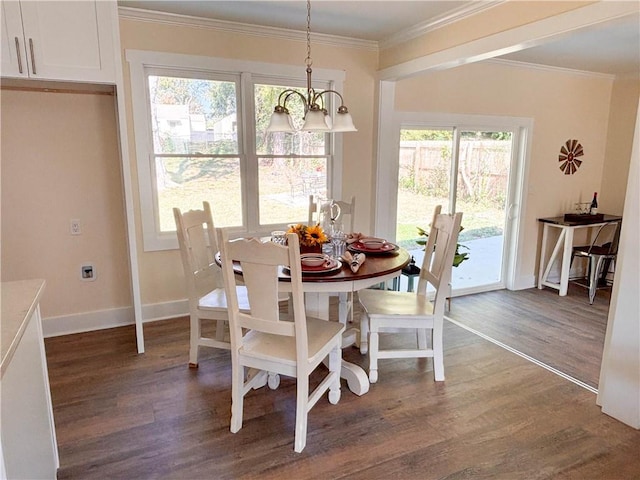 dining room featuring ornamental molding and dark wood-type flooring